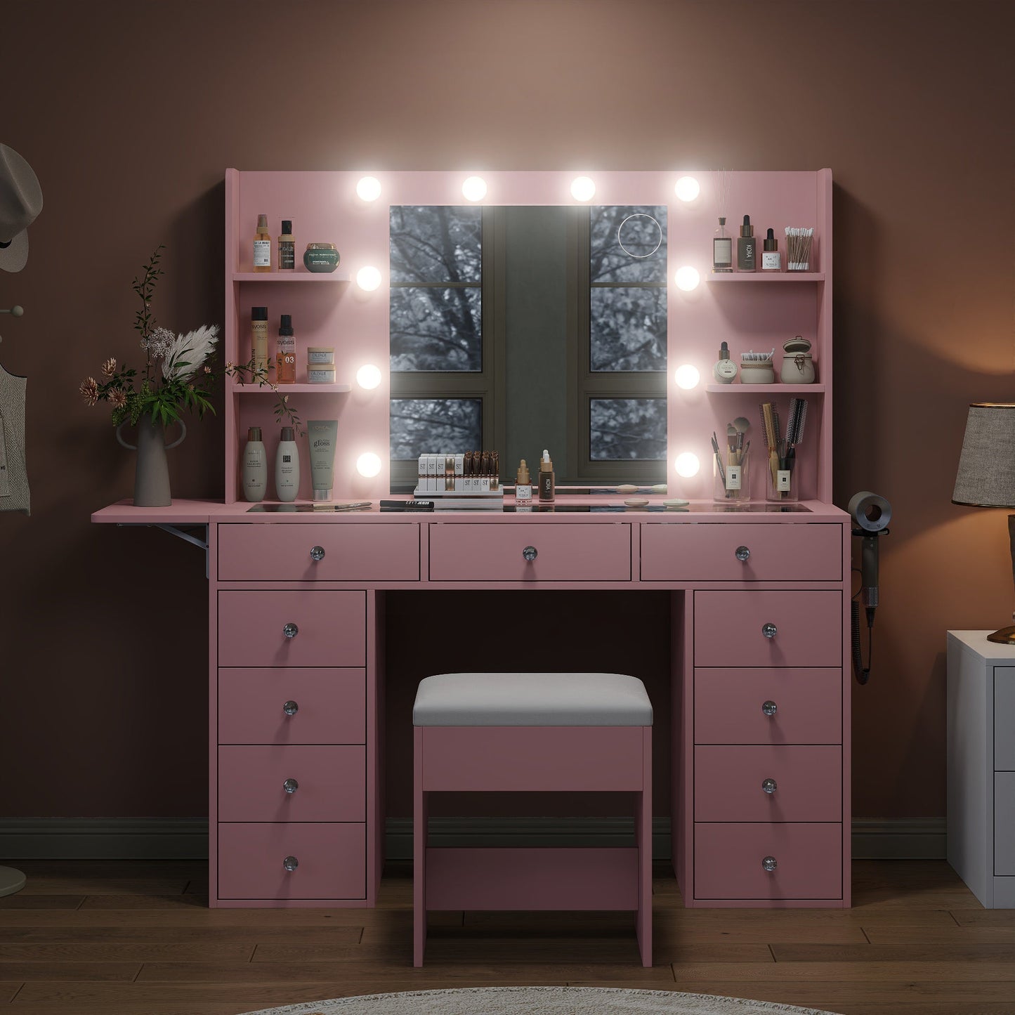 Vektaya US-VD010 Bedroom Makeup Vanity desk with LED MirrorLED Mirror, 11 Drawers