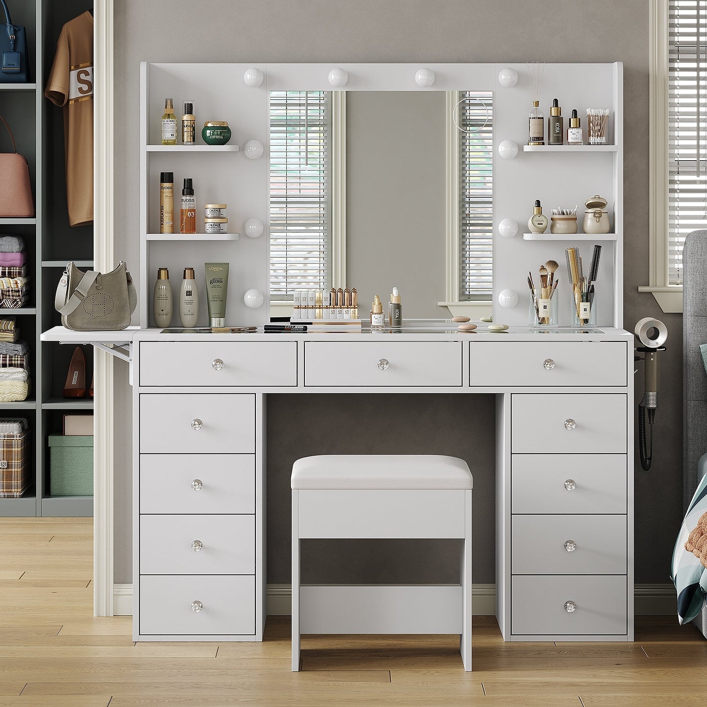 Vektaya US-VD010 Bedroom Makeup Vanity desk with LED MirrorLED Mirror, 11 Drawers