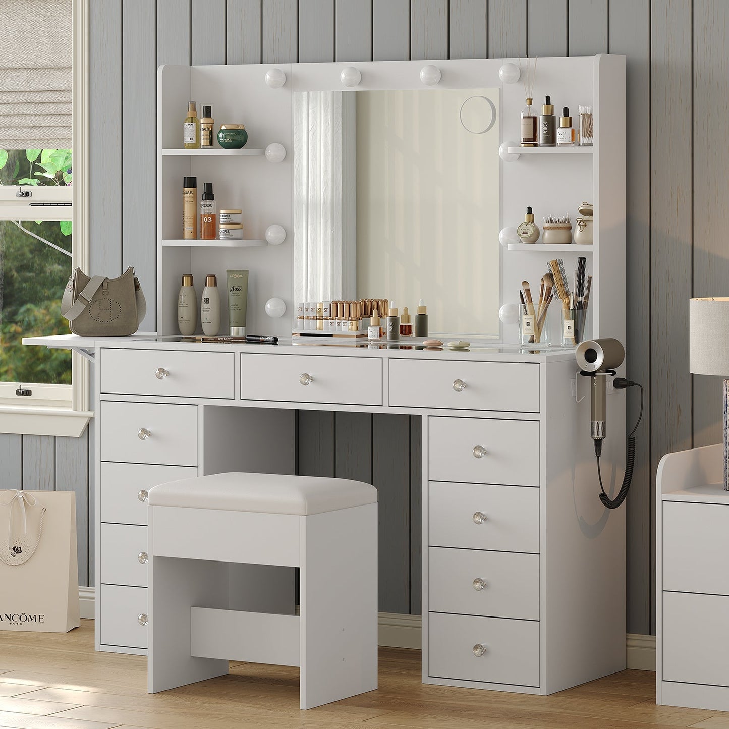 Vektaya US-VD010 Bedroom Makeup Vanity desk with LED MirrorLED Mirror, 11 Drawers