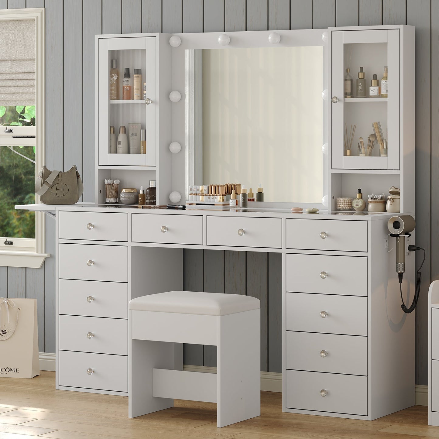Vektaya US-VD012 Bedroom Makeup Vanity desk with LED Mirror, 12 Drawers