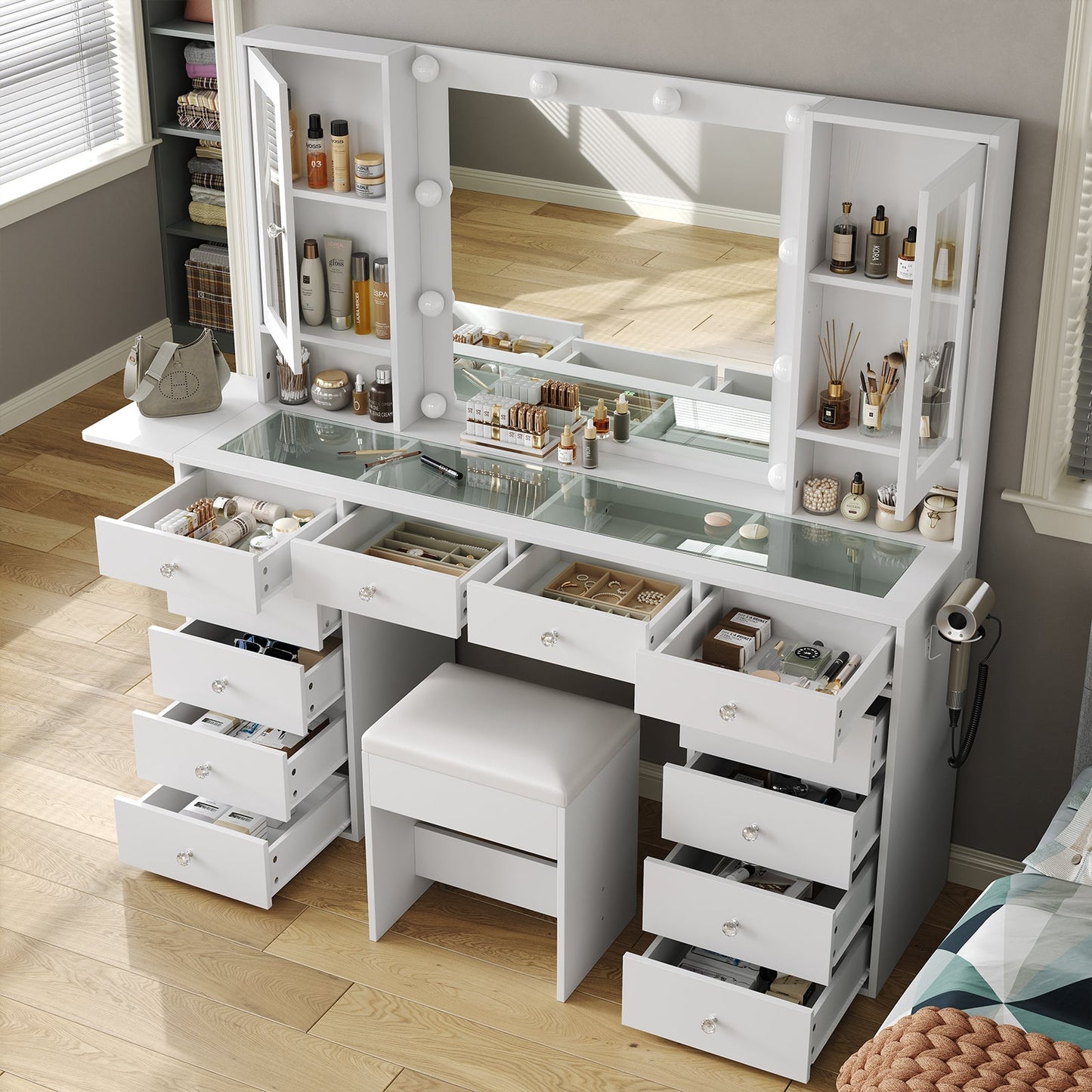 Vektaya US-VD012 Bedroom Makeup Vanity desk with LED Mirror, 12 Drawers