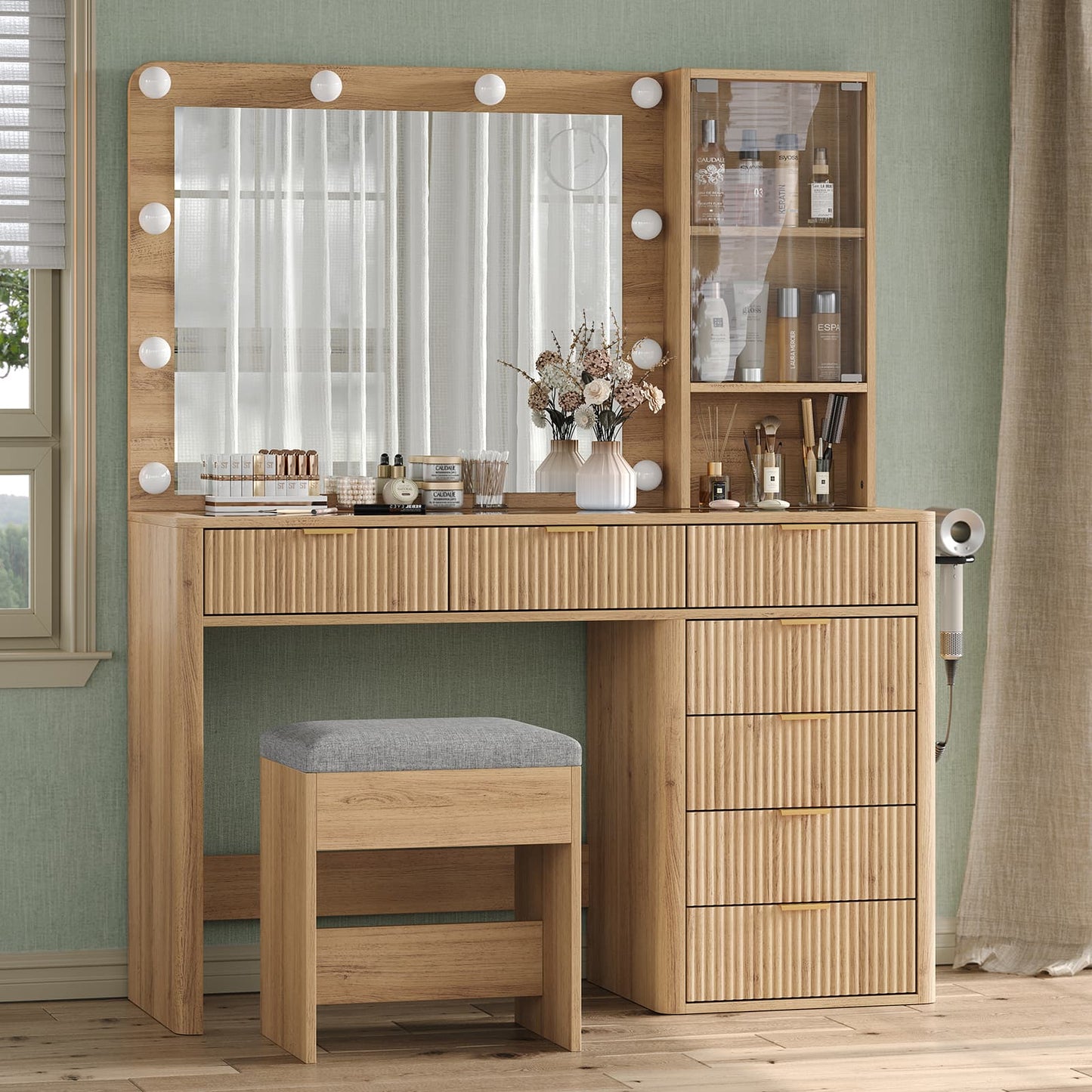 Vektaya US-VD013 Bedroom Makeup Vanity desk with LED Mirror, 7 Drawers