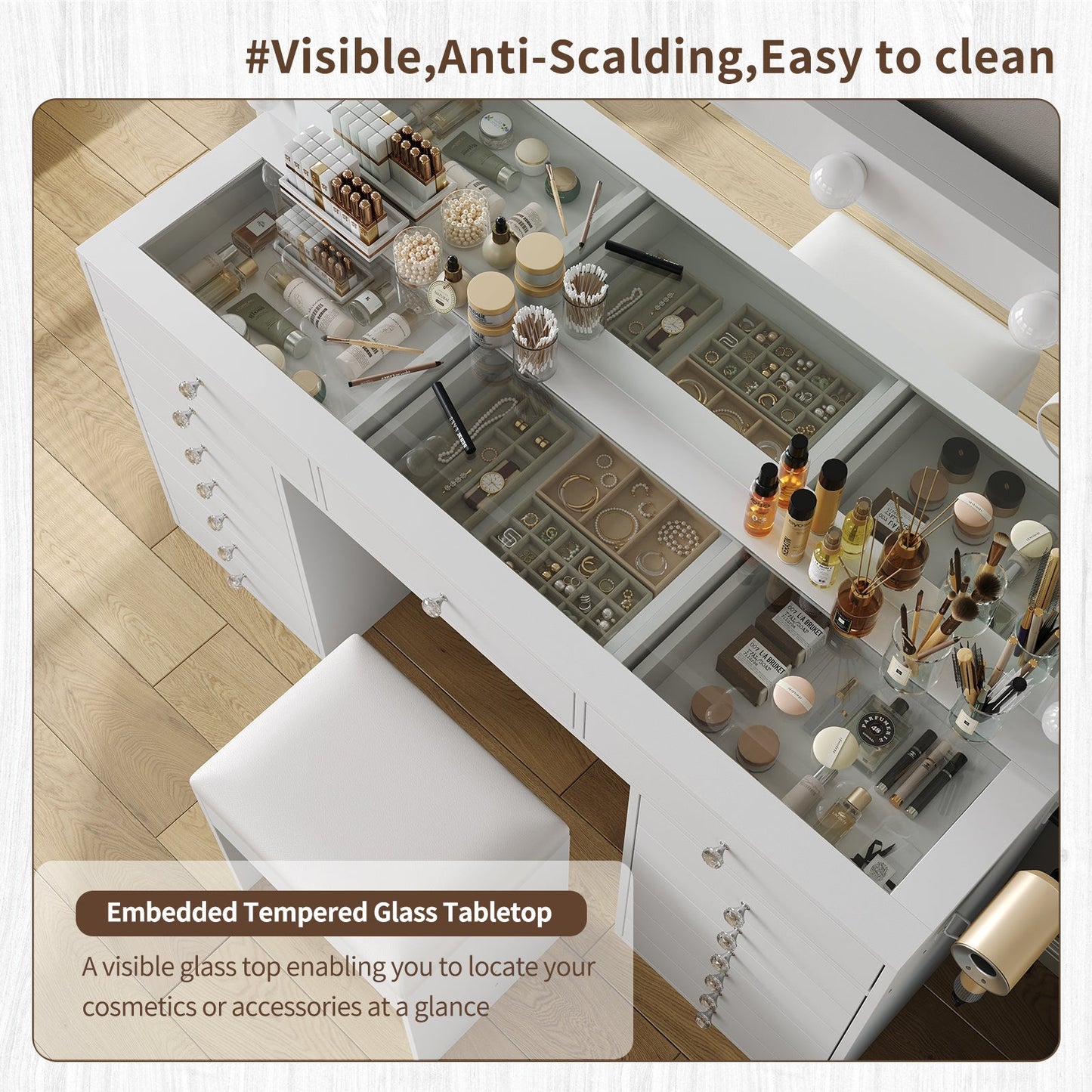 Vektaya US-VD015 Bedroom Makeup Vanity desk with LED Mirror, 11 Drawers