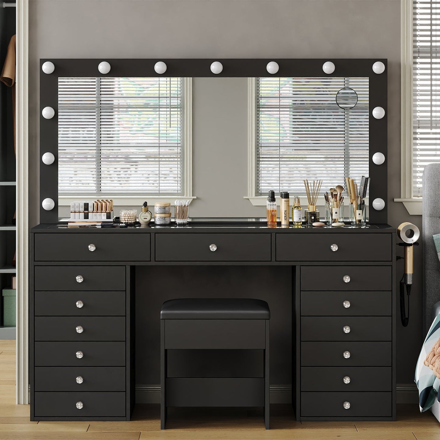 Vektaya US-VD017 Bedroom Makeup Vanity desk with LED Mirror, 15 Drawers