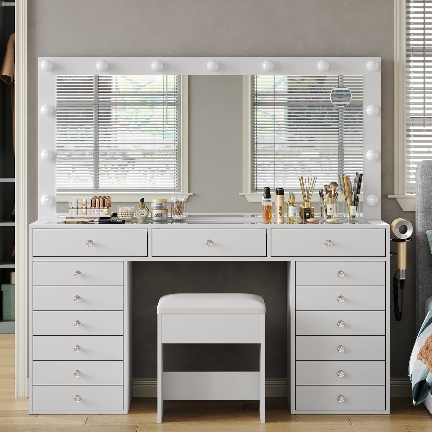 Vektaya US-VD017 Bedroom Makeup Vanity desk with LED Mirror, 15 Drawers