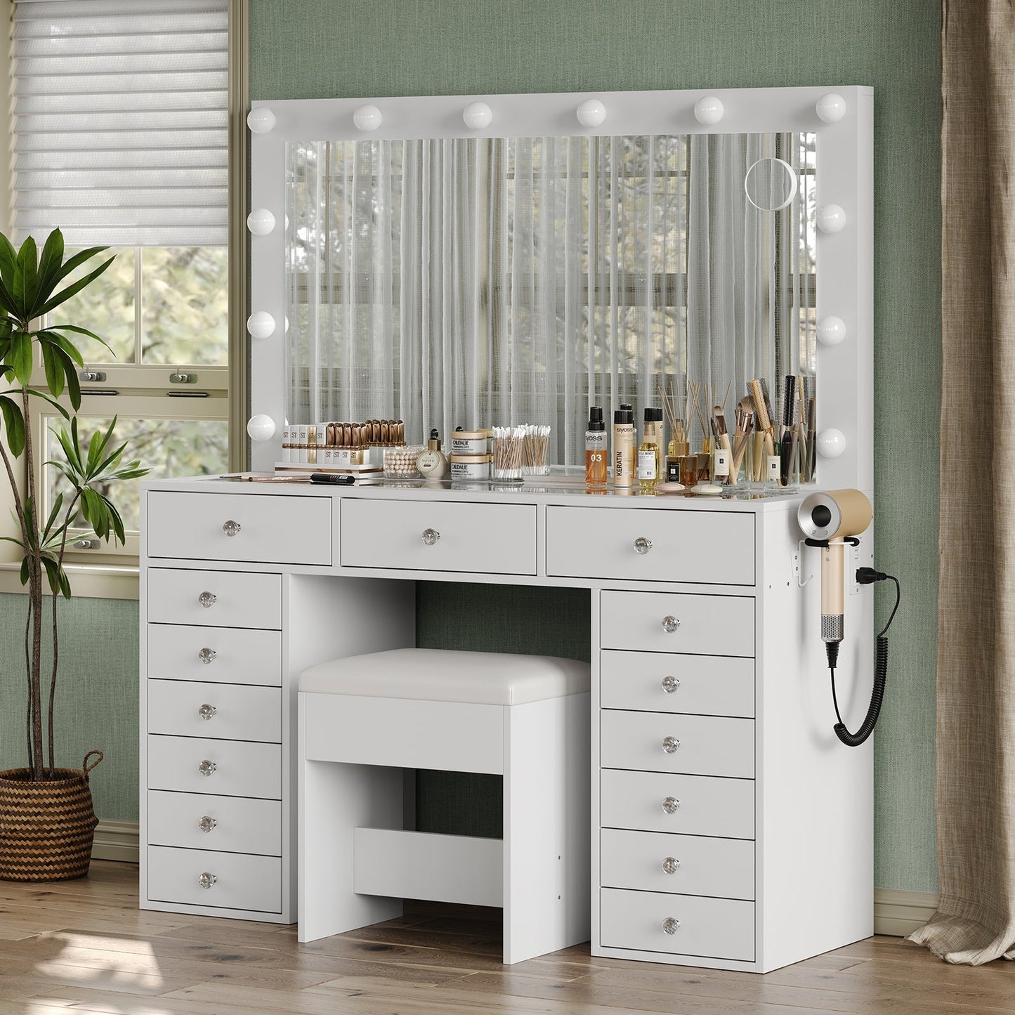 Vektaya US-VD019 Bedroom Makeup Vanity desk with LED Mirror, 15 Drawers