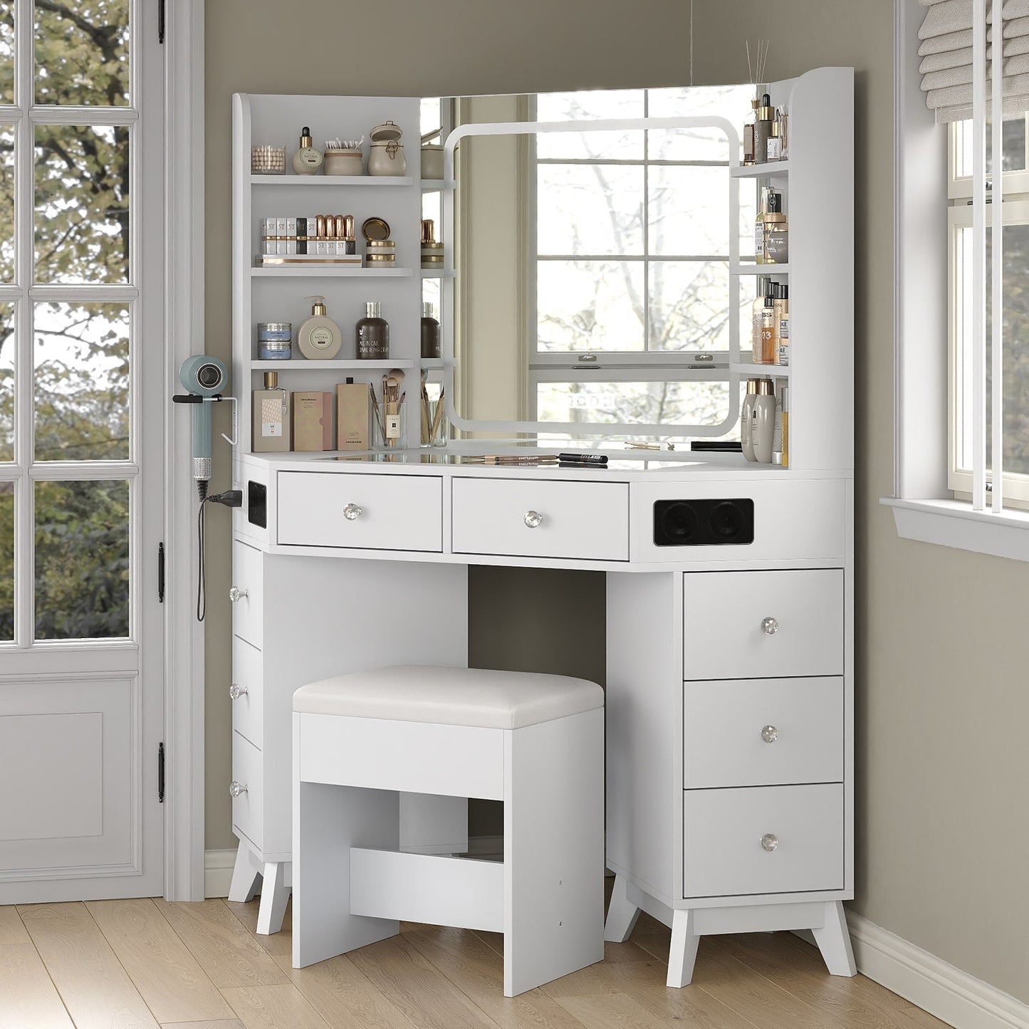 Yanosaku VD021 Corner Makeup Vanity, Mirror, Lights, Bluetooth, White