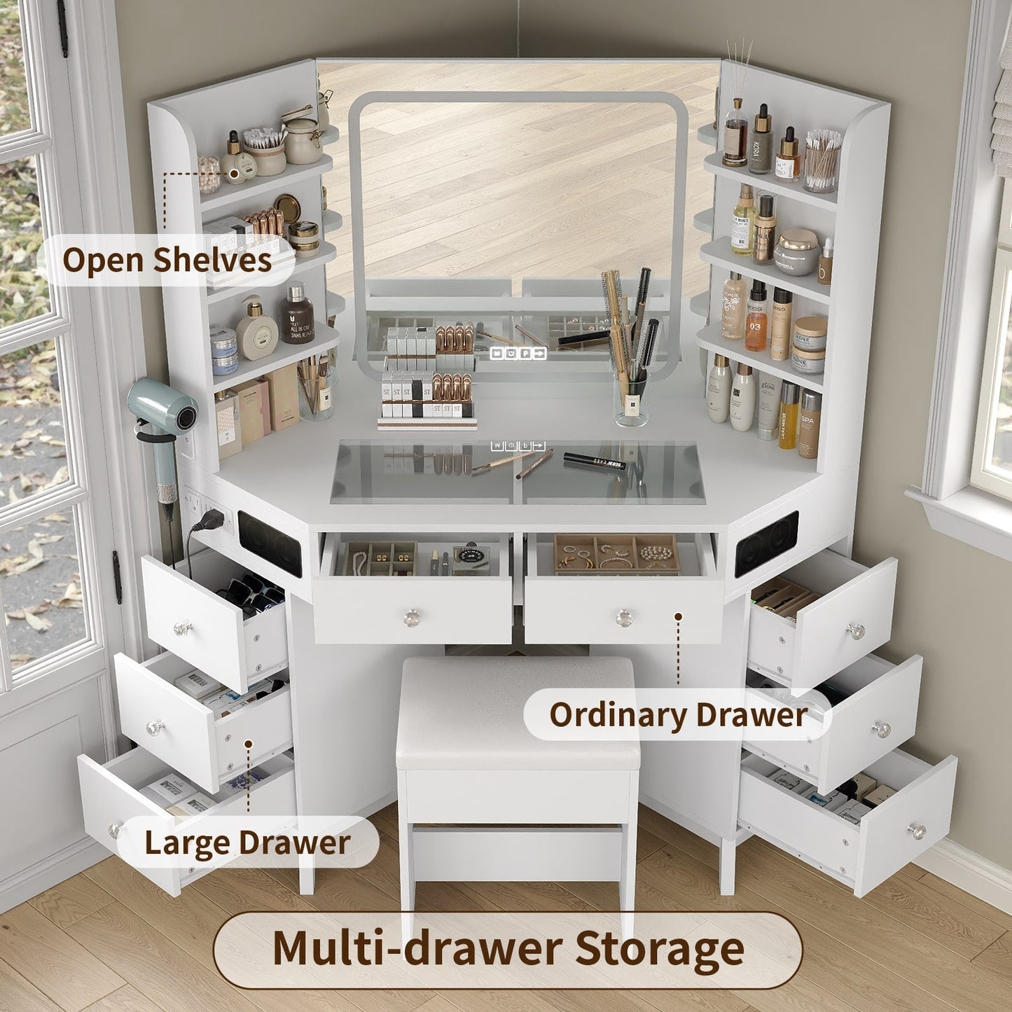 Yanosaku VD021 Corner Makeup Vanity, Mirror, Lights, Bluetooth, White