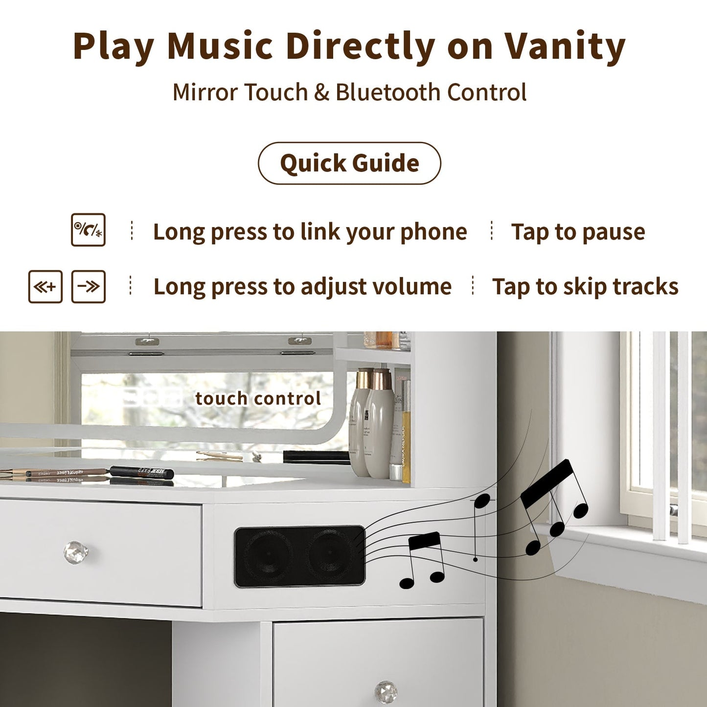 Yanosaku VD021 Corner Makeup Vanity, Mirror, Lights, Bluetooth, White