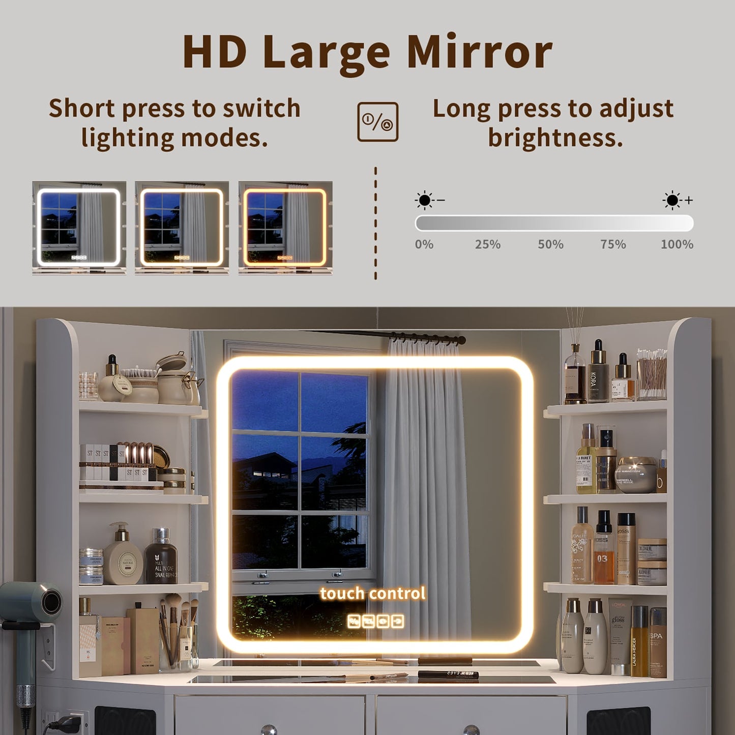 Yanosaku VD021 Corner Makeup Vanity, Mirror, Lights, Bluetooth, White