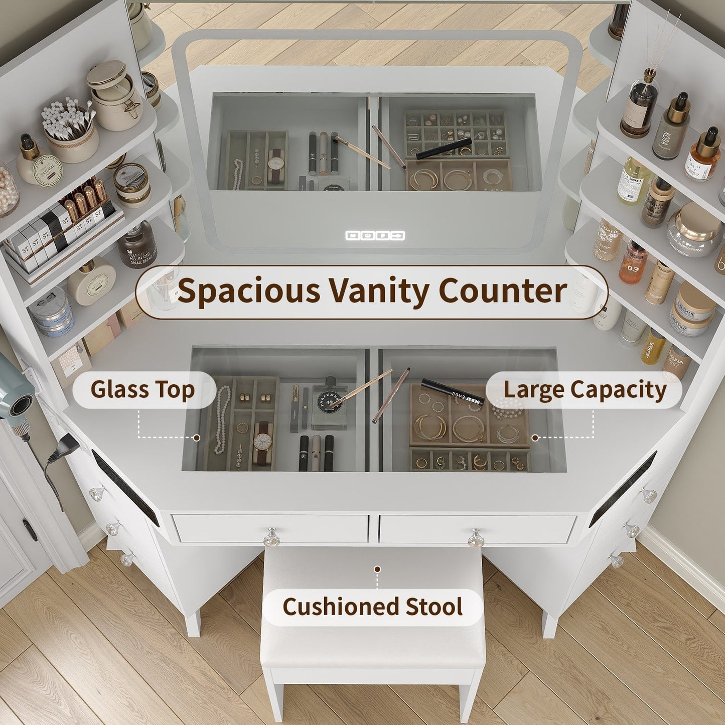 Yanosaku VD021 Corner Makeup Vanity, Mirror, Lights, Bluetooth, White