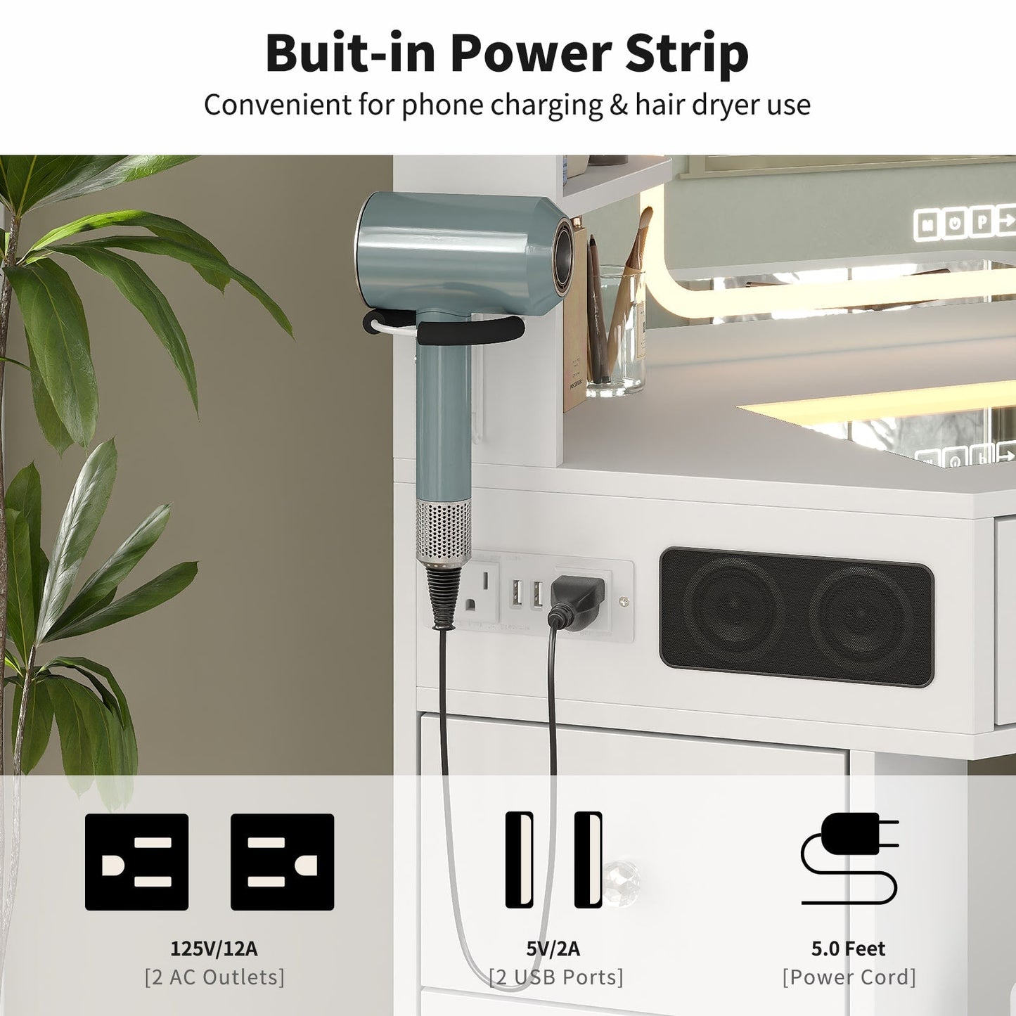 Yanosaku VD021 Corner Makeup Vanity, Mirror, Lights, Bluetooth, White