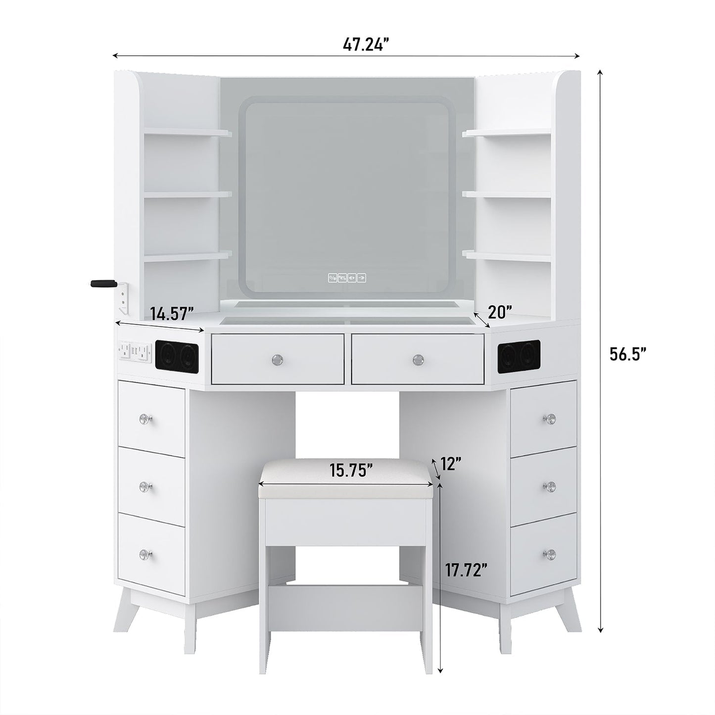Yanosaku VD021 Corner Makeup Vanity, Mirror, Lights, Bluetooth, White