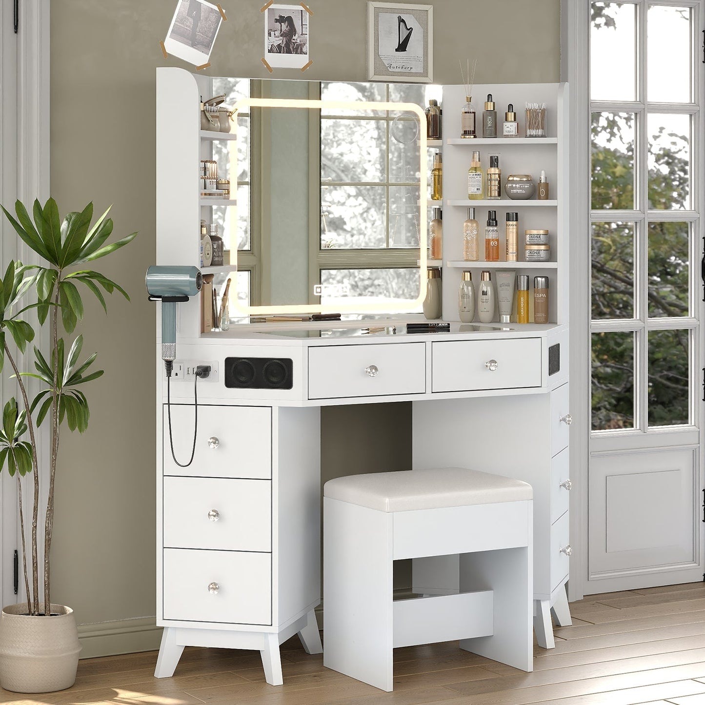 Yanosaku VD021 Corner Makeup Vanity, Mirror, Lights, Bluetooth, White