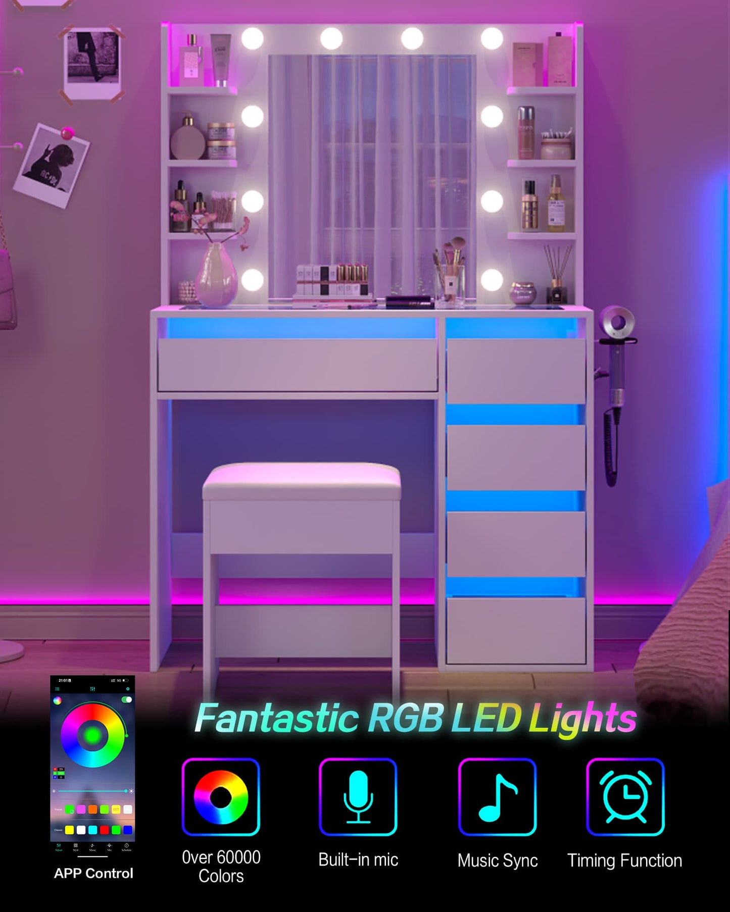 YanosakuVD025 Vanity Table with Mirror, 3 Lighting Modes, 5 Drawers & Glass Top