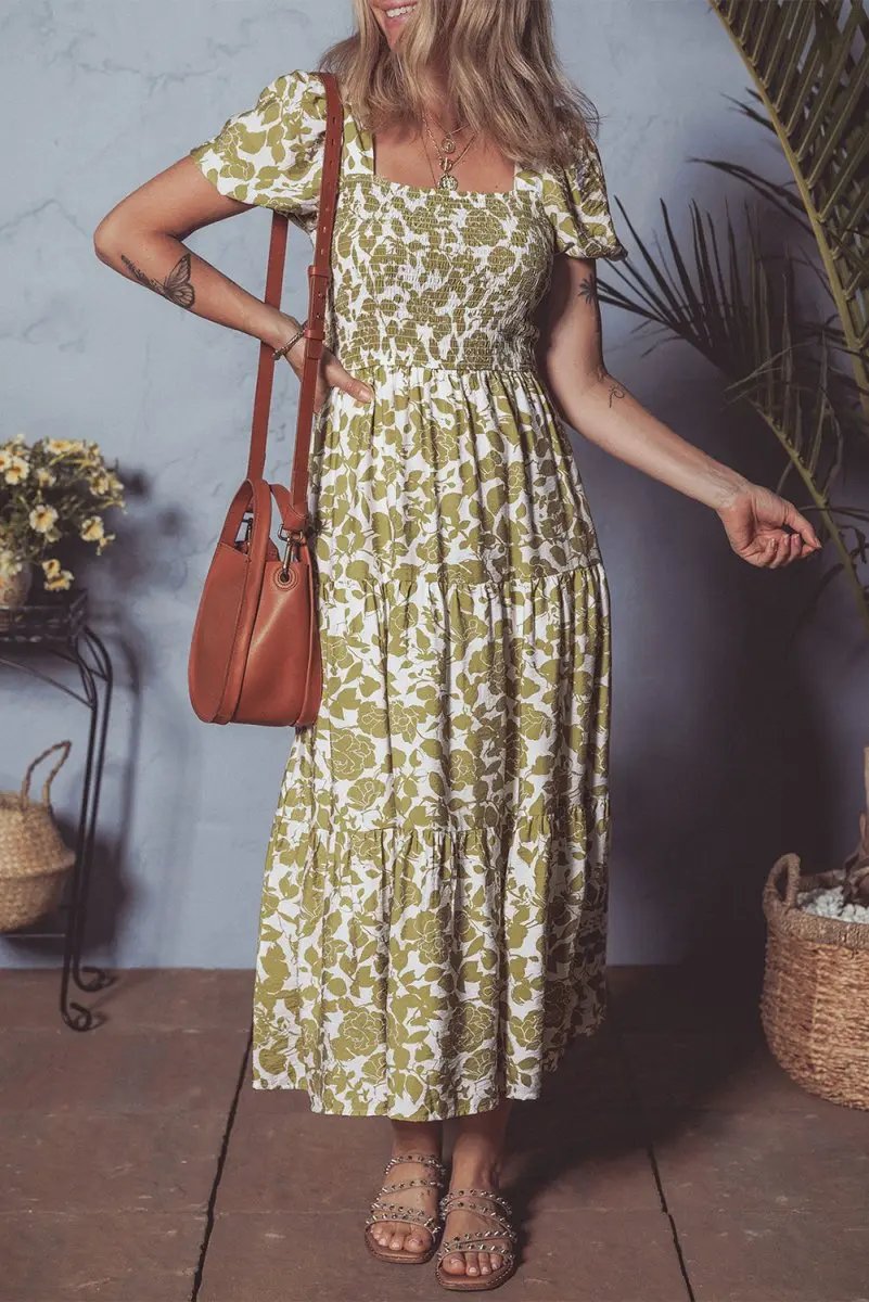 Dresses Love Salve Yellow Floral Dress Daily Wear Women's Mini Smocked, Puff Sleeve