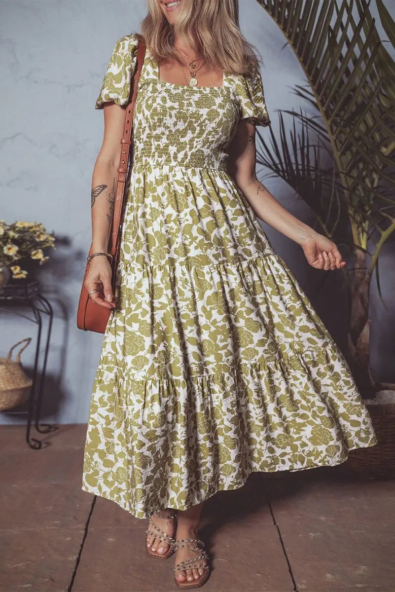 Dresses Love Salve Yellow Floral Dress Daily Wear Women's Mini Smocked, Puff Sleeve
