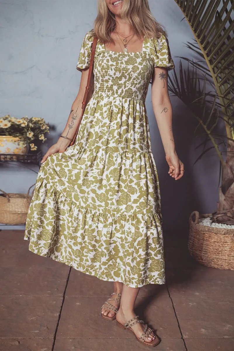 Dresses Love Salve Yellow Floral Dress Daily Wear Women's Mini Smocked, Puff Sleeve