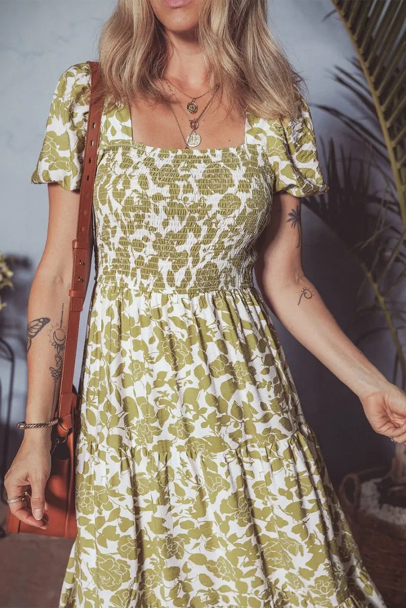 Dresses Love Salve Yellow Floral Dress Daily Wear Women's Mini Smocked, Puff Sleeve