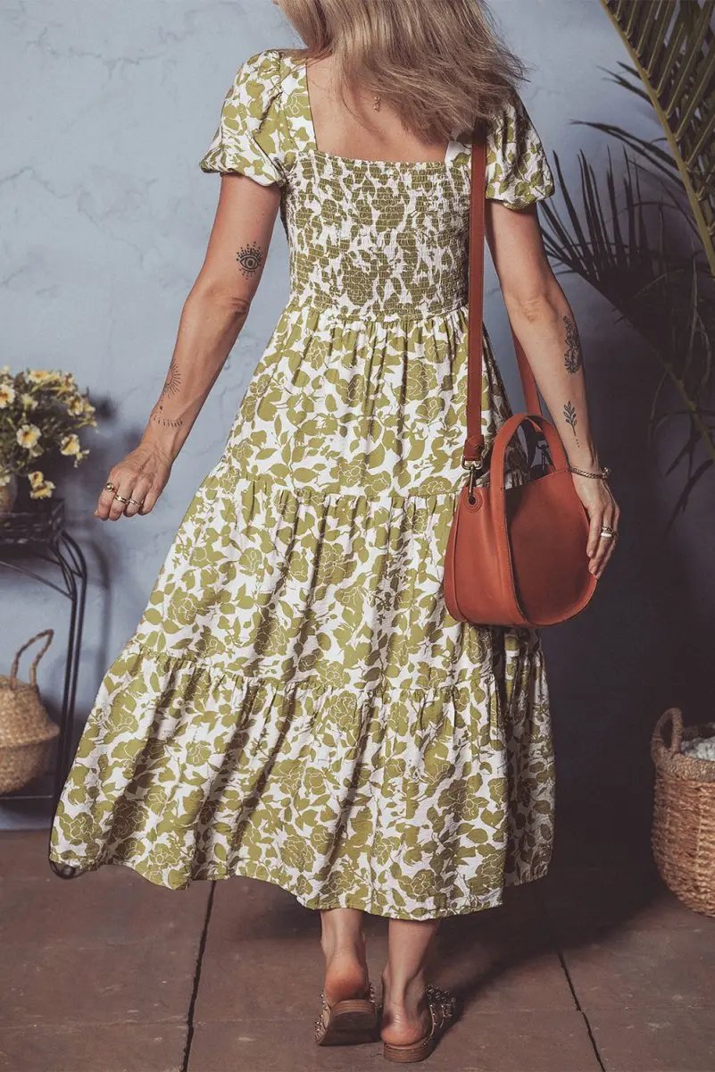 Dresses Love Salve Yellow Floral Dress Daily Wear Women's Mini Smocked, Puff Sleeve