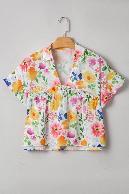 Pantalones Love Salve Blusa floral amarilla para mujer, top diario con cuello en V y manga corta con volantes