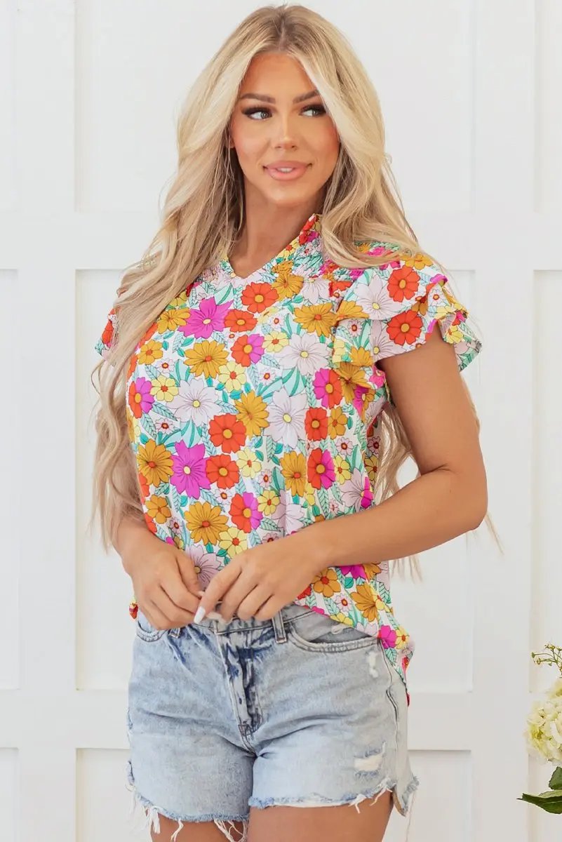 Accessories Love Salve Yellow Floral Blouse Daily Wear Women's Top Shirred Ruffle Sleeve Southern Belle