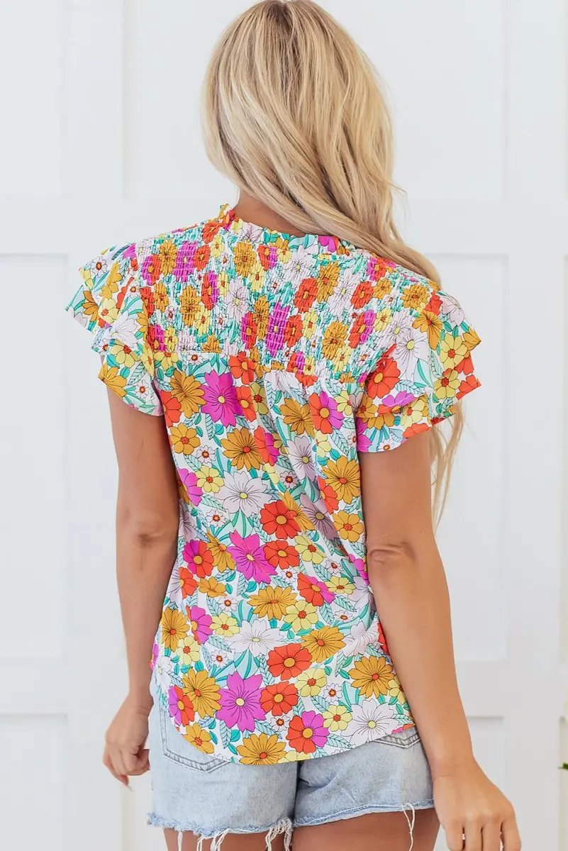 Accessories Love Salve Yellow Floral Blouse Daily Wear Women's Top Shirred Ruffle Sleeve Southern Belle