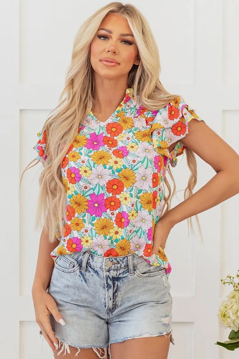 Accessories Love Salve Yellow Floral Blouse Daily Wear Women's Top Shirred Ruffle Sleeve Southern Belle