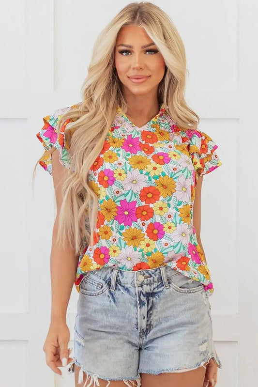Accessories Love Salve Yellow Floral Blouse Daily Wear Women's Top Shirred Ruffle Sleeve Southern Belle