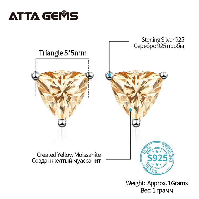 Yellow Moissanite Trillion Stud Earrings 5x5mm 0.5ct 925 Silver Screw Back