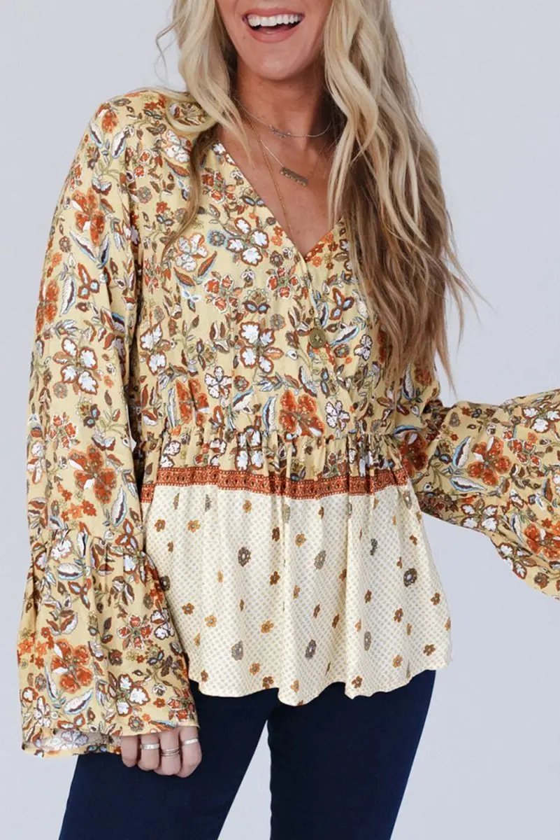 Women's Blouse - V Neck & Bell Sleeves - Floral Bohemian Top