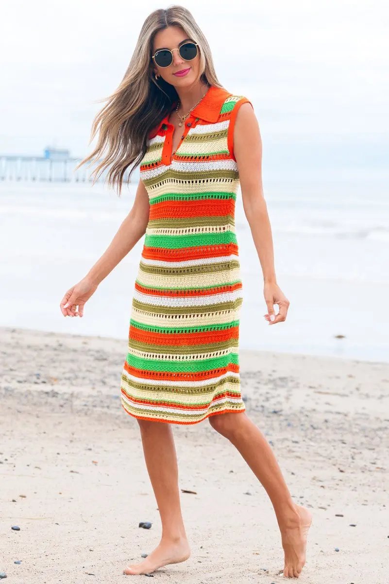 Sweaters Love Salve Yellow Stripe Knit Dress Women's Daily Summer Casual: Buttoned & Split Neck