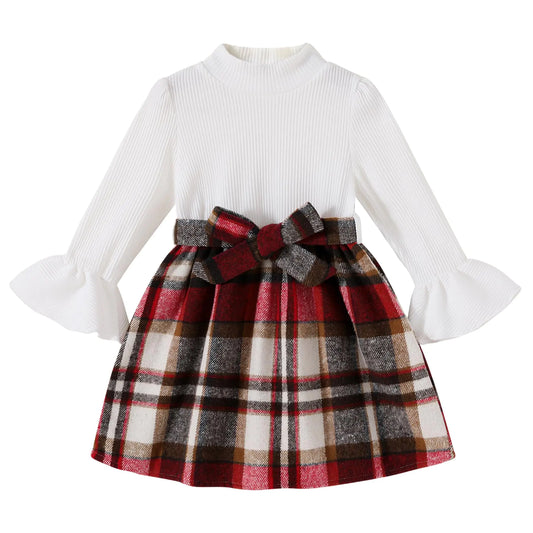 JEELLIGULAR Toddler Girl Dress Long Sleeve Knit Sweater-Dress for Kids-Little Girl Dresses-Fall-Winter Clothes-Outfits-White Patchwork Pink-Khaki-Checked-2-3T - # GIAA21310004