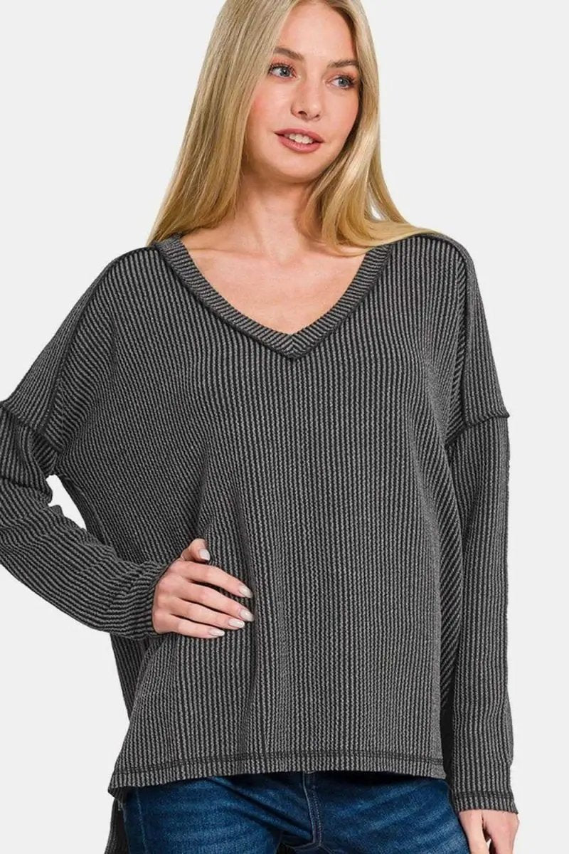 Women's Long Sleeve Top Women's V-Neck Long Sleeve Top - Soft Texture & Unique Seam - Casual Style