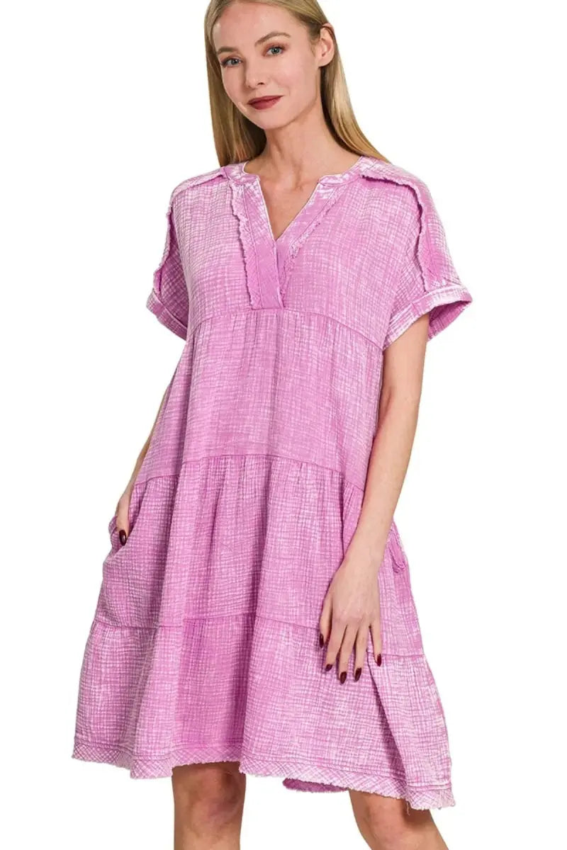 Women's Casual Dress Women's Dress - Lightweight Gauze V-Neck - Casual Summer Raw Edge