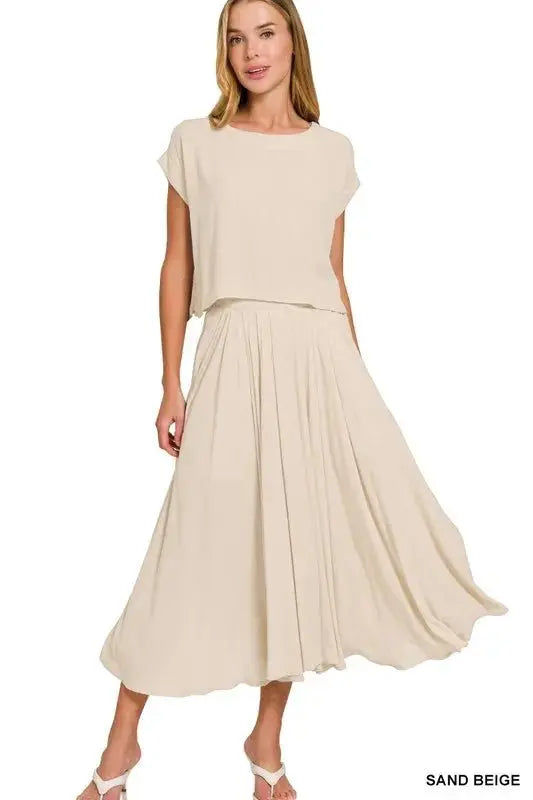Two-Piece Set Gauze Crop Top & Skirt Set - Crinkle, USA Made - Casual