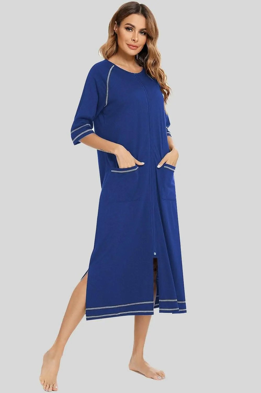 Elegant Zip Night Dress - With Pockets - Comfortable Style